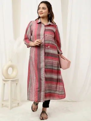 Pink Geometric Printed A-line Kurta