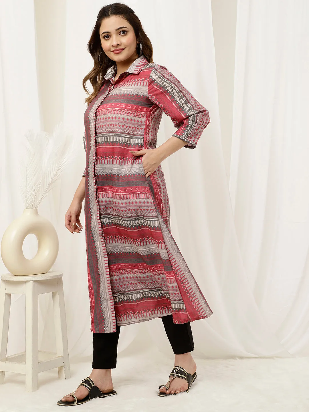 Pink Geometric Printed A-line Kurta