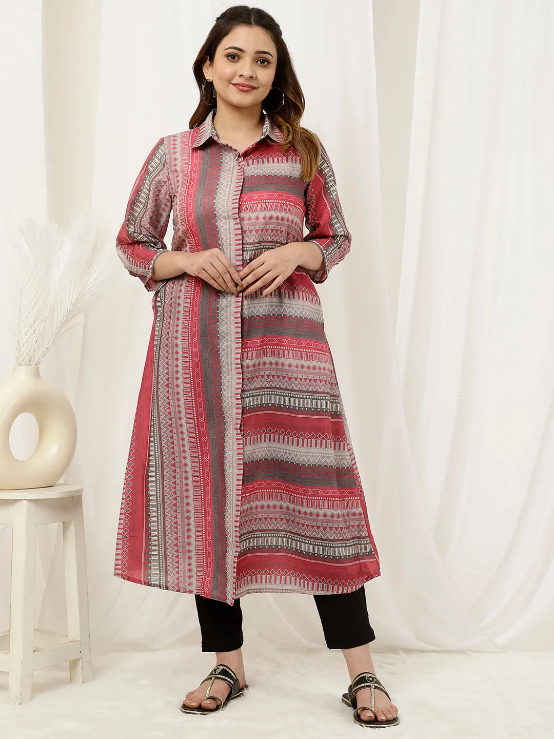 Pink Geometric Printed A-line Kurta