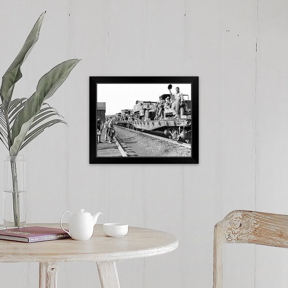 "1940's World War II Freight Train Of Jeeps And Half Tracks" Black Framed Print