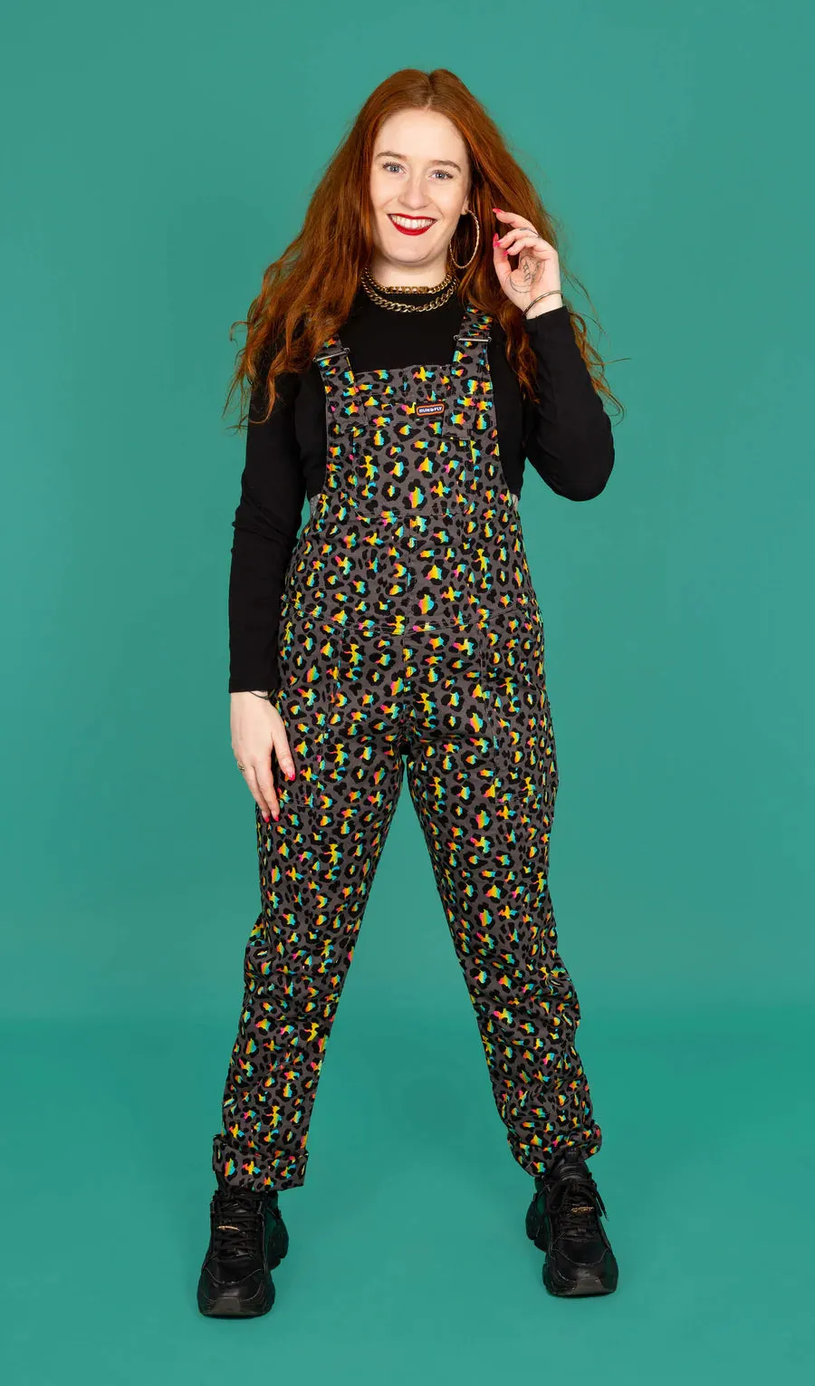 Run & Fly - Grey Rainbow Leopard Stretch Twill Dungarees