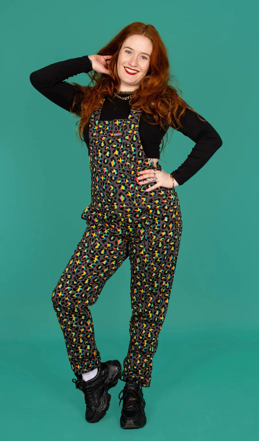 Run & Fly - Grey Rainbow Leopard Stretch Twill Dungarees