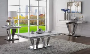 Satinka Light Gray Printed Faux Marble & Mirrored Silver Finish Table Set