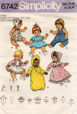 Simplicity 6742 Retro Baby Dolls Wardrobe Clothes for 17-18 Inch Doll 1970s Vintage Sewing Pattern Size LARGE