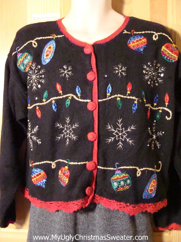 Tacky Ugly Christmas Sweater with Ornaments, Bulbs, and Snowflakes (f729)