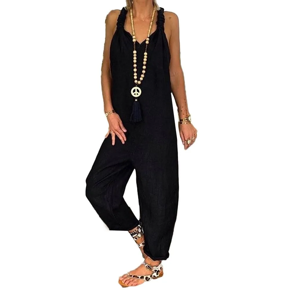 Trendy Sleeveless Comfy Overalls Knotted Jumpsuit