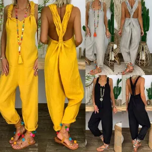 Trendy Sleeveless Comfy Overalls Knotted Jumpsuit