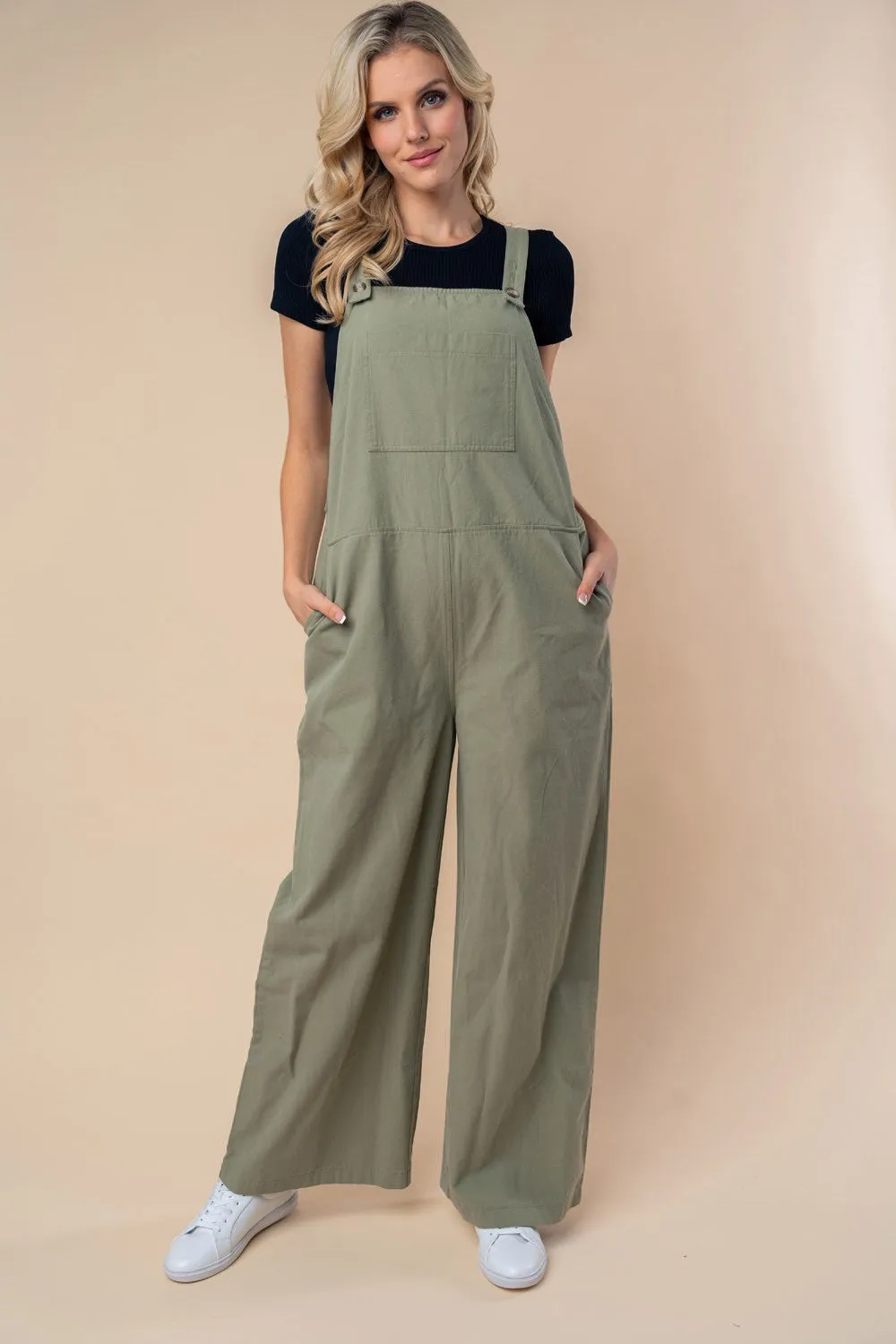 White Birch Solid Color Overalls in Sage