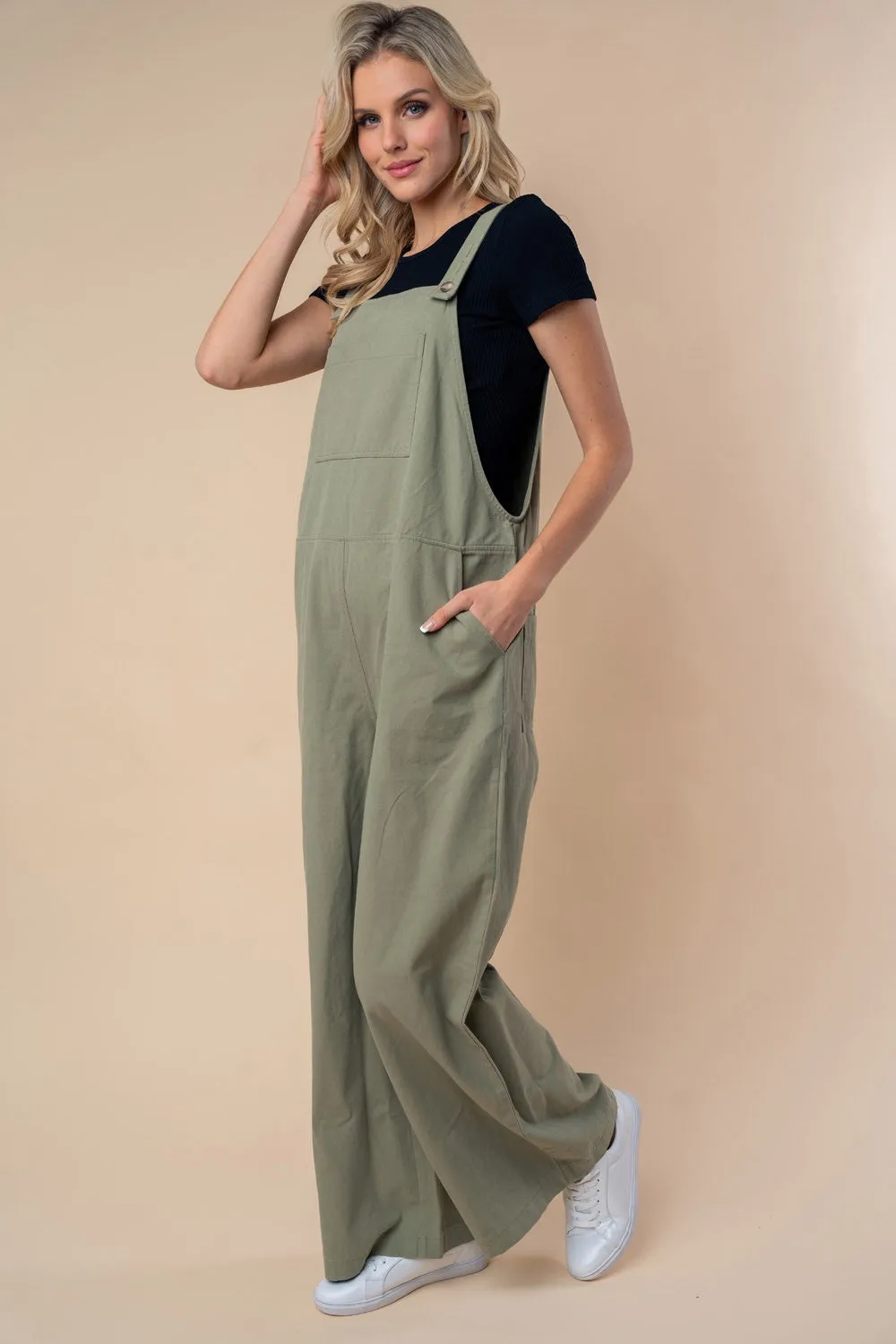 White Birch Solid Color Overalls in Sage