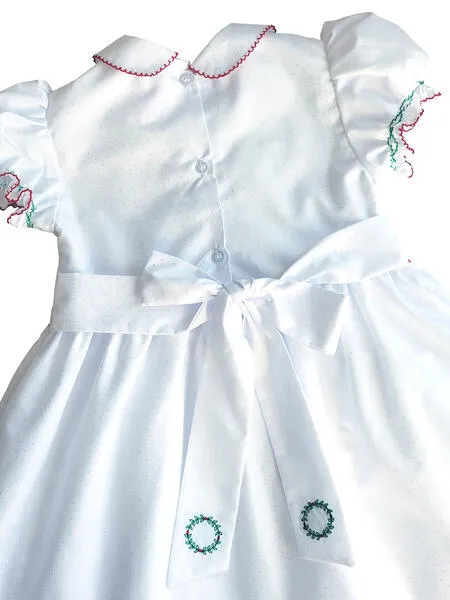 White Christmas wreath Hand smocked Girl's dress