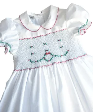 White Christmas wreath Hand smocked Girl's dress