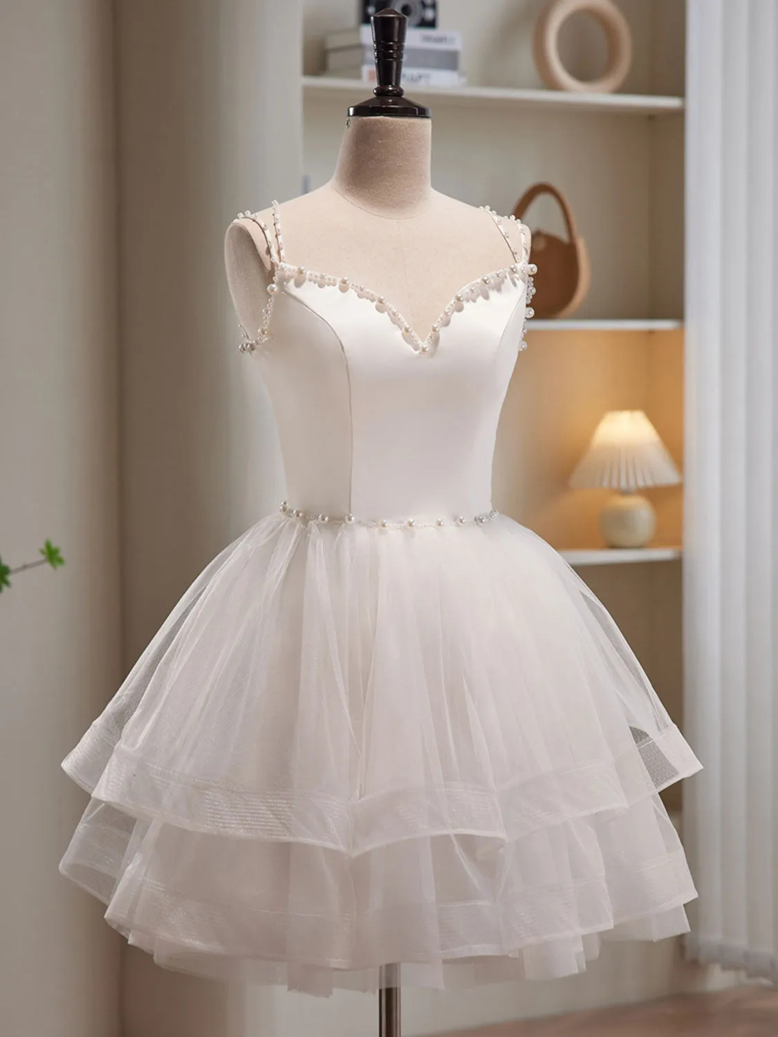 White Tulle Short Prom Dresses, Cute White Puffy Homecoming Dresses