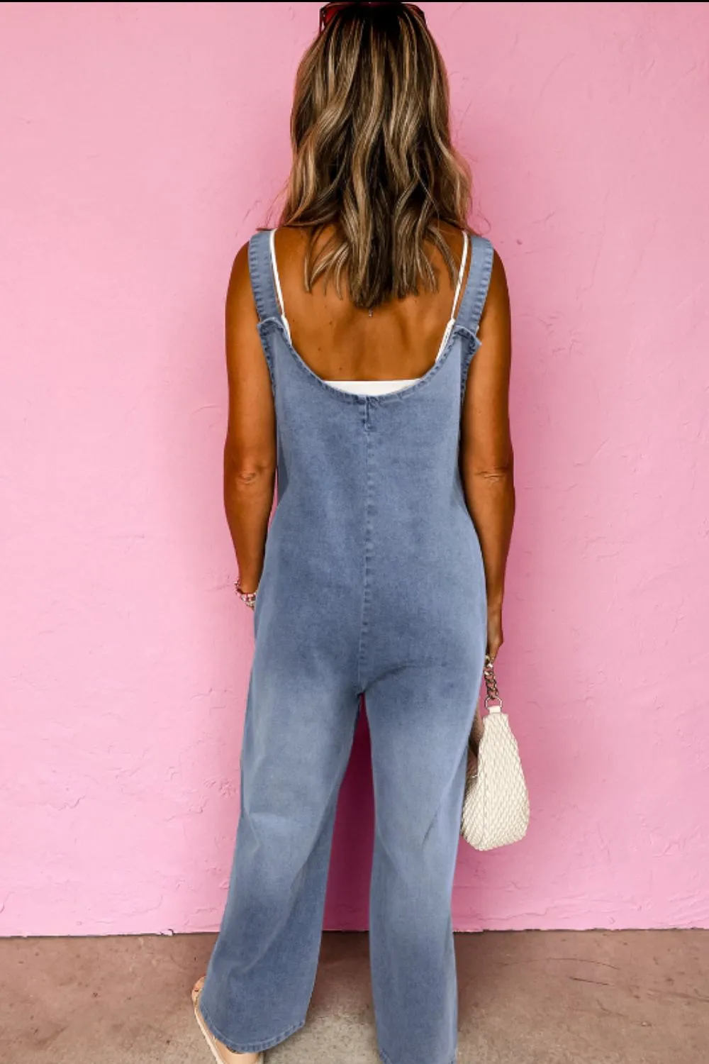 Wide Strap Denim Overalls with Pockets