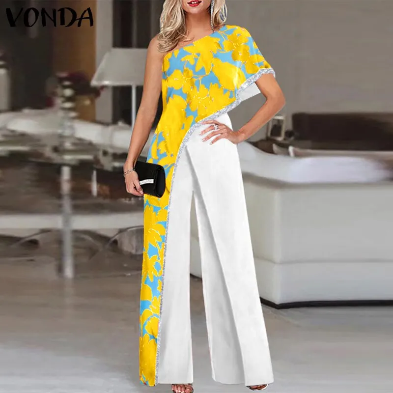 Women Fashion Jumpsuits 2023 One Shoulder Printed Jumpsuits Women Trousers Female Palazzo Wide Leg Pants Pantalon Femme