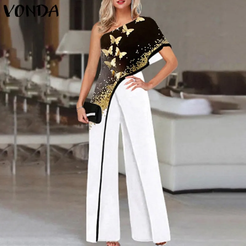 Women Fashion Jumpsuits 2023 One Shoulder Printed Jumpsuits Women Trousers Female Palazzo Wide Leg Pants Pantalon Femme