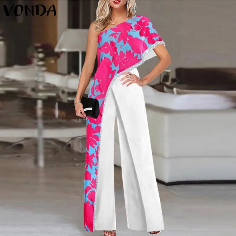 Women Fashion Jumpsuits 2023 One Shoulder Printed Jumpsuits Women Trousers Female Palazzo Wide Leg Pants Pantalon Femme