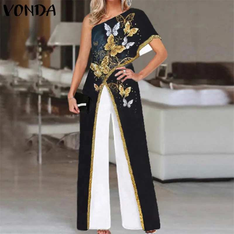 Women Fashion Jumpsuits 2023 One Shoulder Printed Jumpsuits Women Trousers Female Palazzo Wide Leg Pants Pantalon Femme