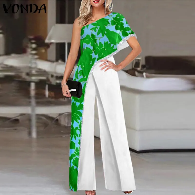 Women Fashion Jumpsuits 2023 One Shoulder Printed Jumpsuits Women Trousers Female Palazzo Wide Leg Pants Pantalon Femme