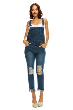 Women's Destroyed and Frayed Hem Denim Overalls