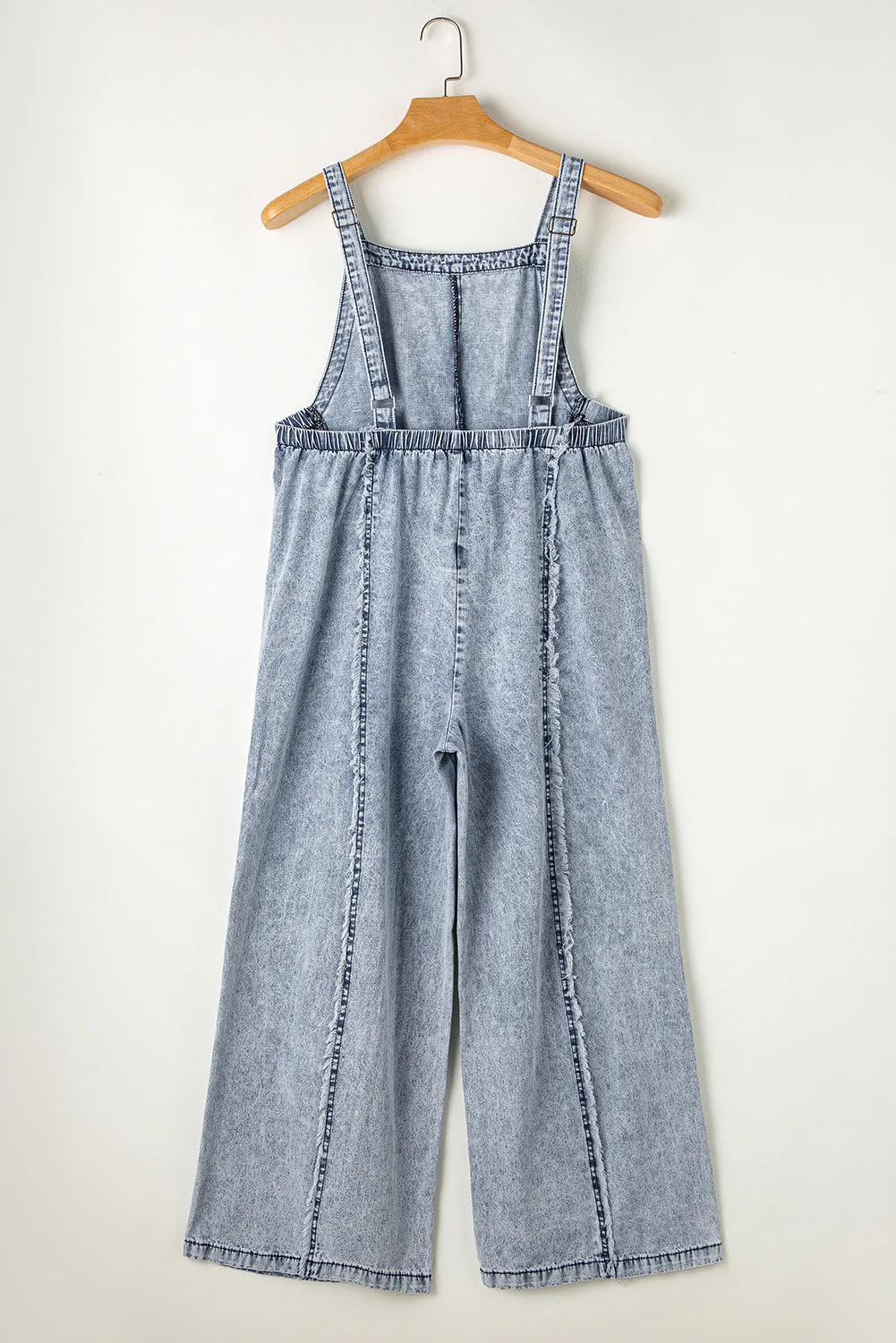 Women's Light Wash Frayed Exposed Seam Wide Leg Denim Overall