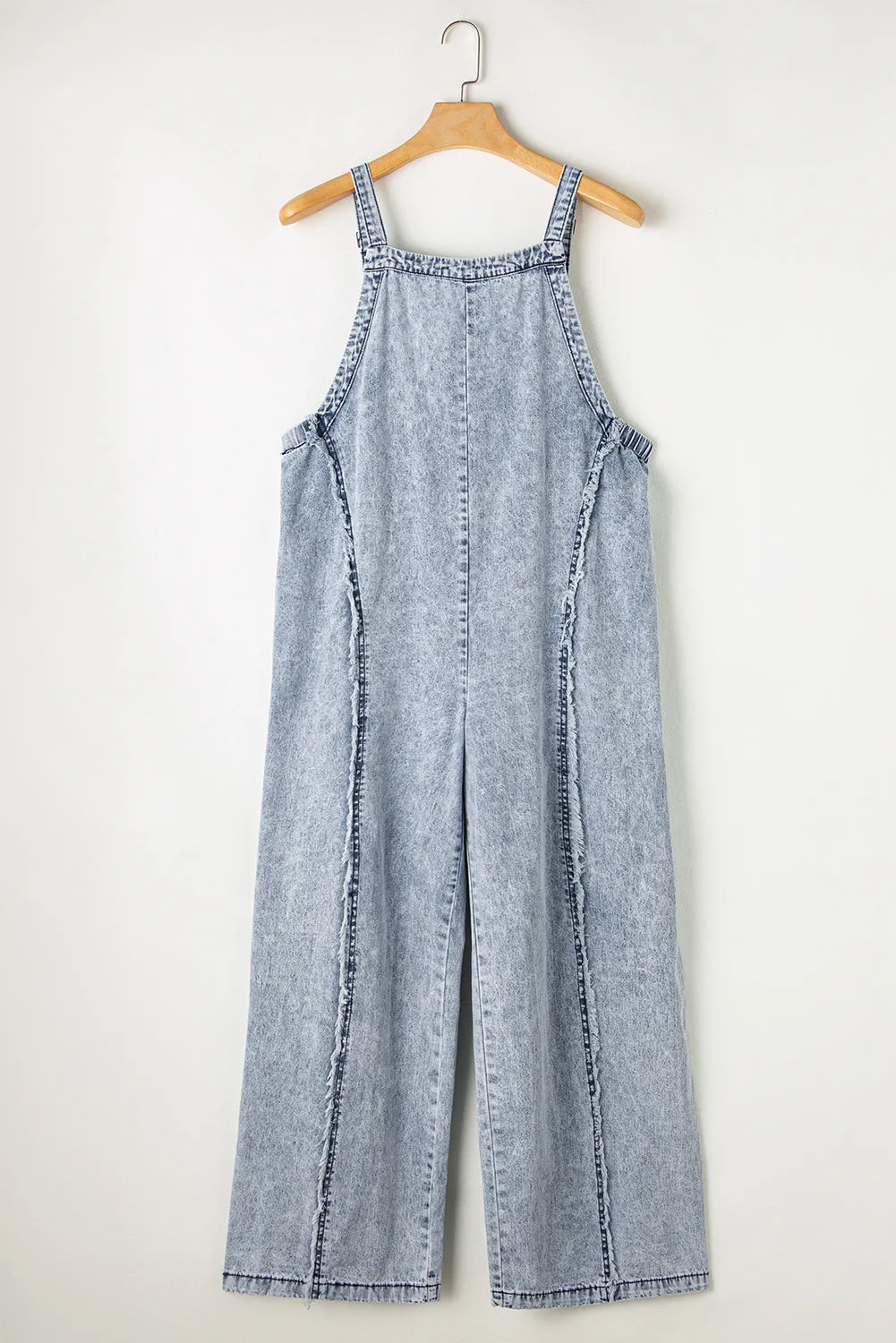 Women's Light Wash Frayed Exposed Seam Wide Leg Denim Overall