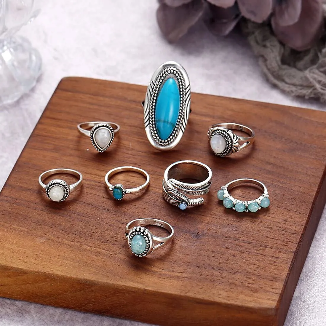 Yellow Chimes Rings for Women and Girls Fashion Aesthetic Blue Ring Set Oxidised Silver Toned Aesthetic Rings Turquoise Stone Midi Finger 8 PCS Knuckle Rings Set | Birthday Gift For Girls & Women