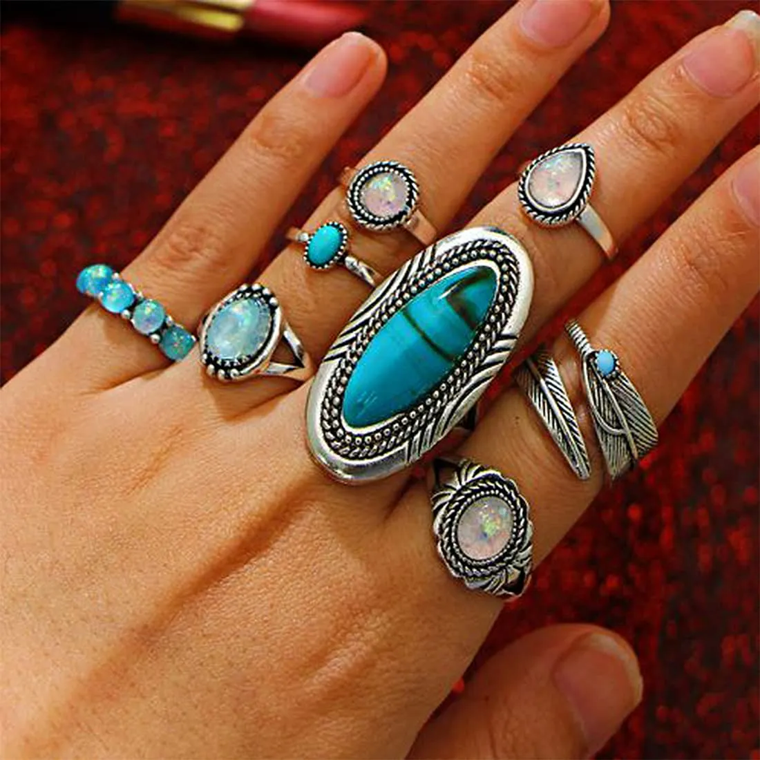 Yellow Chimes Rings for Women and Girls Fashion Aesthetic Blue Ring Set Oxidised Silver Toned Aesthetic Rings Turquoise Stone Midi Finger 8 PCS Knuckle Rings Set | Birthday Gift For Girls & Women