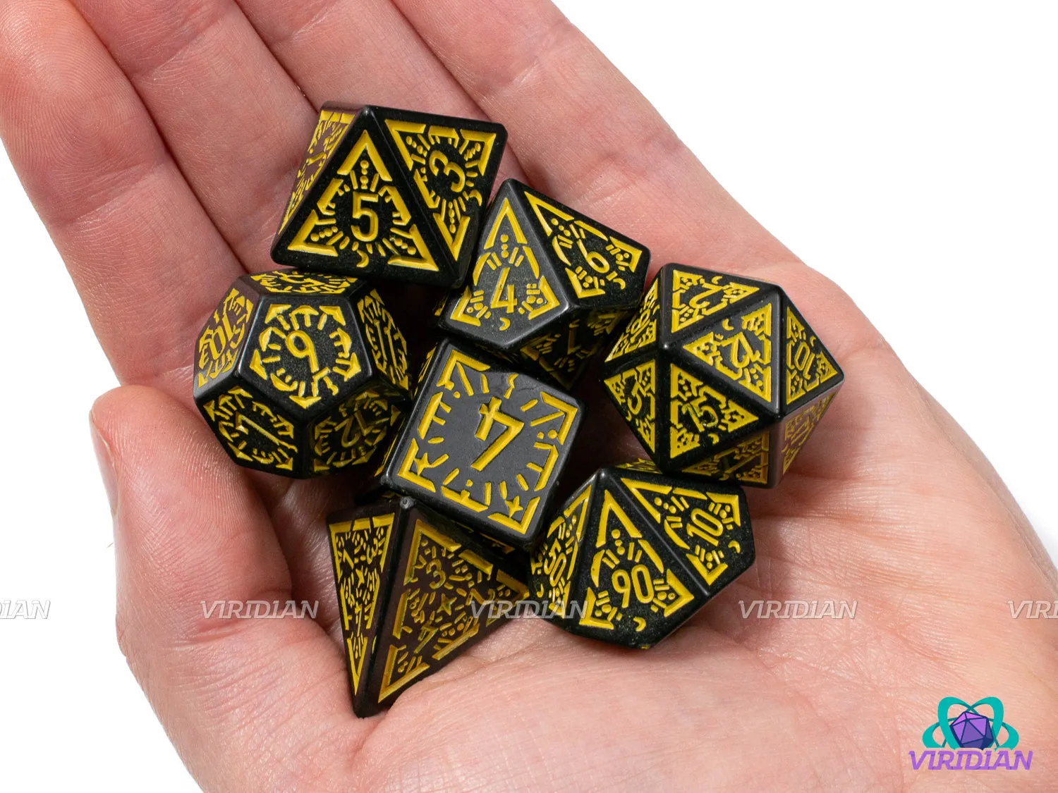 Yellow Night Stars | Black and Yellow Ornate Star Design, Matte | Acrylic Dice Set (7)