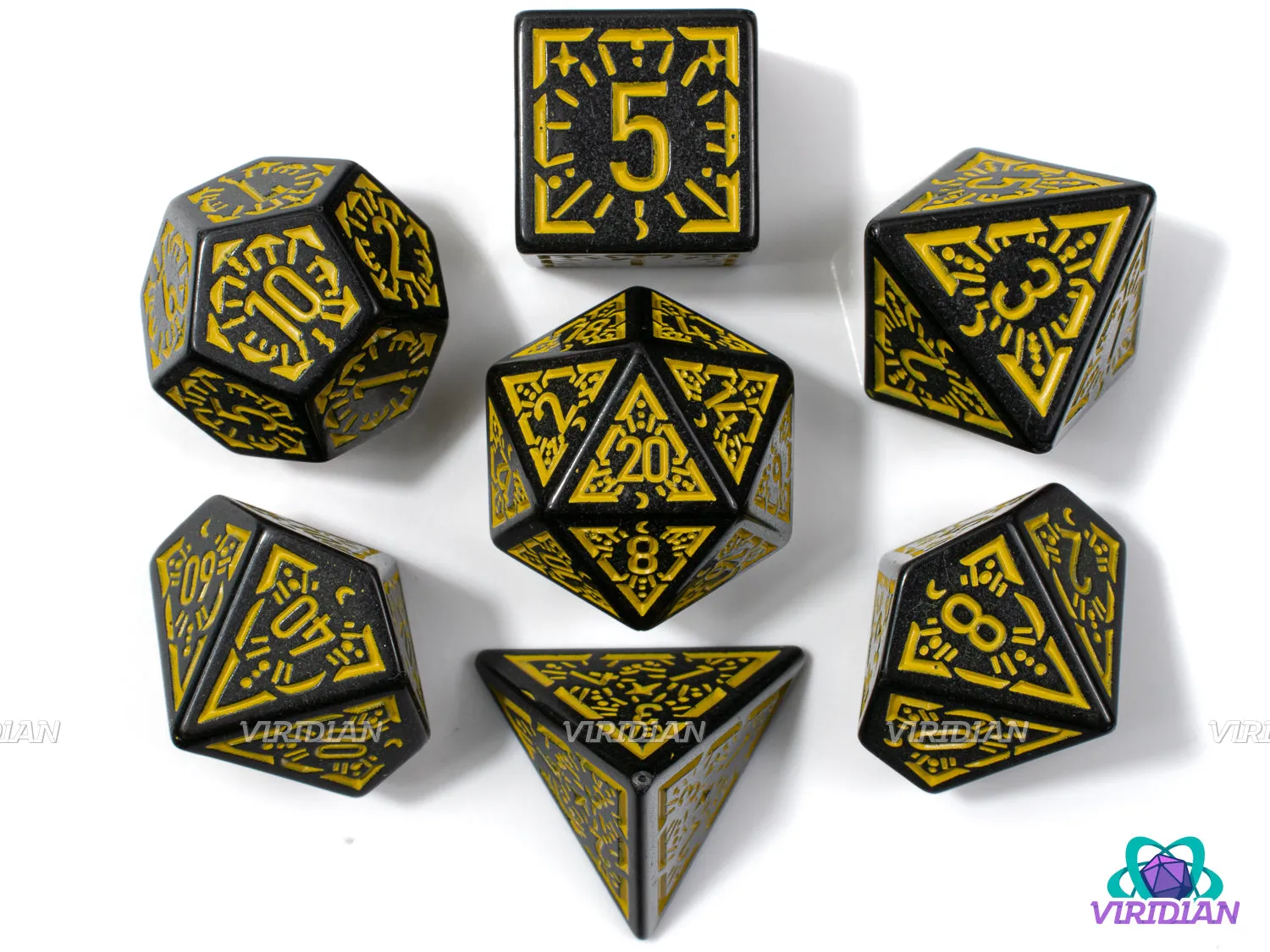 Yellow Night Stars | Black and Yellow Ornate Star Design, Matte | Acrylic Dice Set (7)