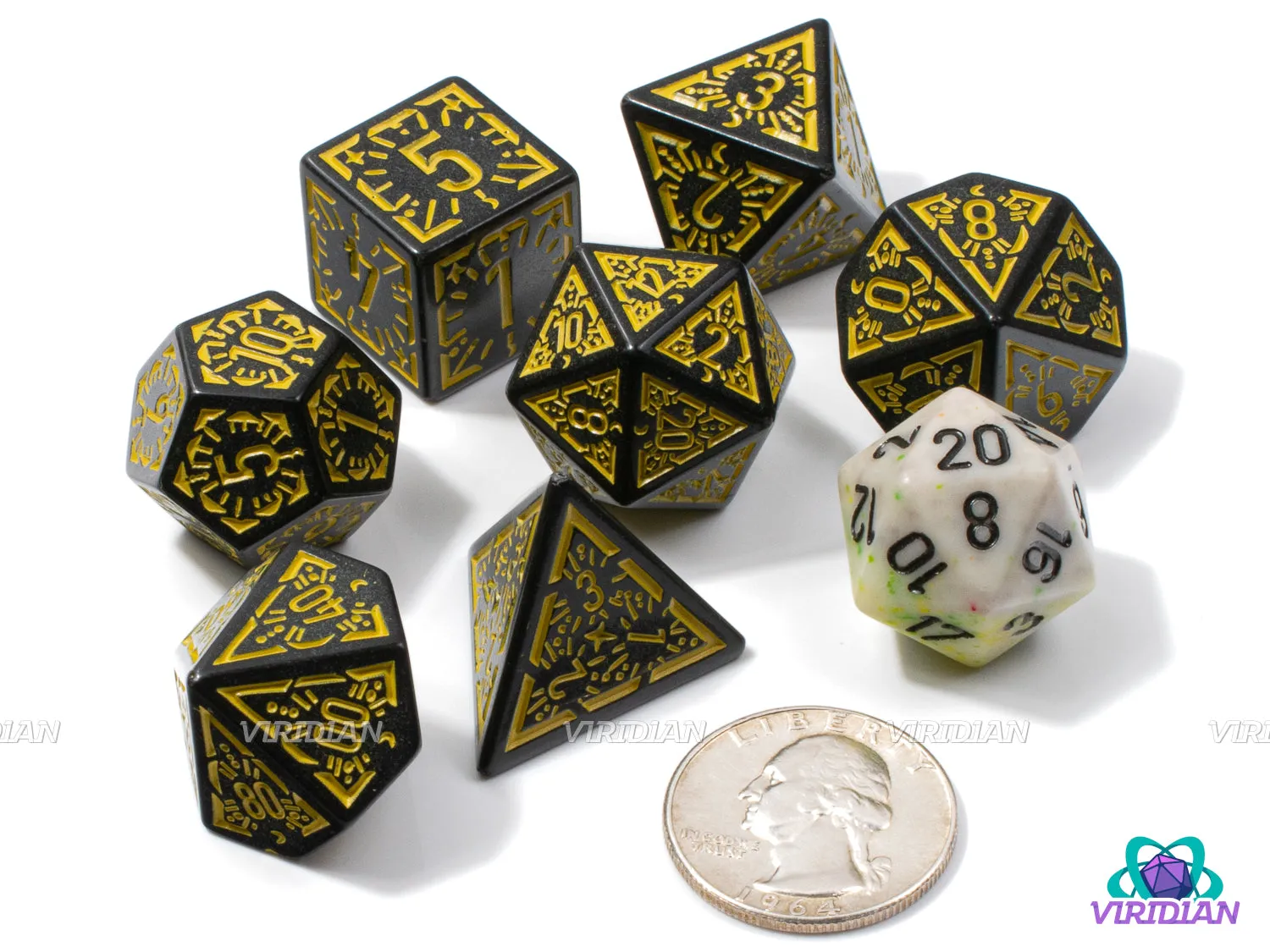 Yellow Night Stars | Black and Yellow Ornate Star Design, Matte | Acrylic Dice Set (7)